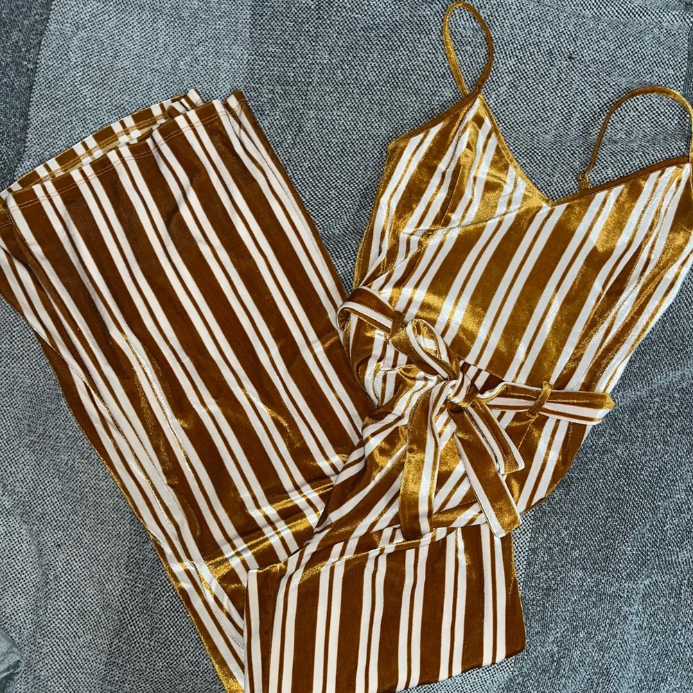 Forever 21 Gold and Brown Striped Jumpsuit